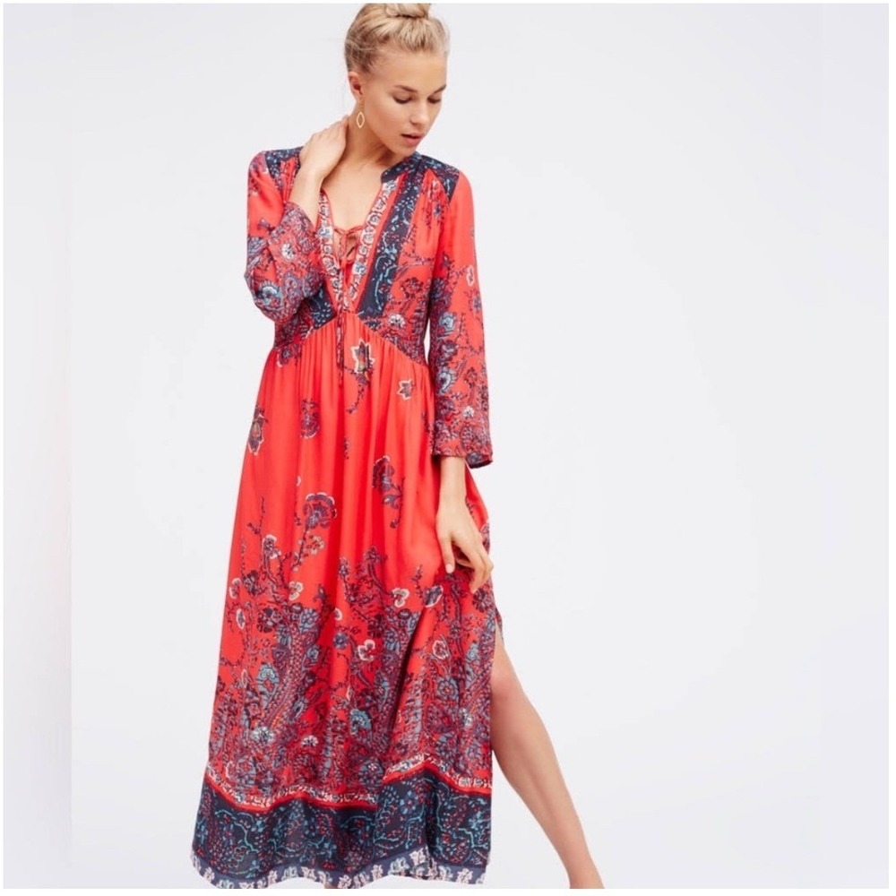 Free People‎ If You Only Knew Red Paisley Boho Maxi Dress Small S Long Sleeve